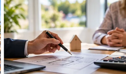Beratungsgespräch über Baupläne und die Finanzierung eines Hauses (illustrative Darstellung)