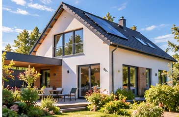 Modernes Einfamilienhaus mit Garten als Inspiration für ein Bauvorhaben (illustrative Darstellung)