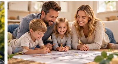 Familie plant am Wohnzimmertisch das Budget für ihr Eigenheim, illustrative Darstellung