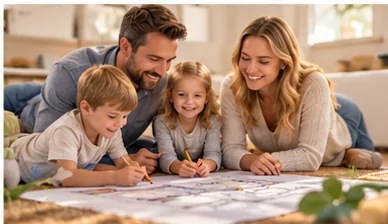 Familie plant ein Hausprojekt gemeinsam am Tisch (illustrative Darstellung)
