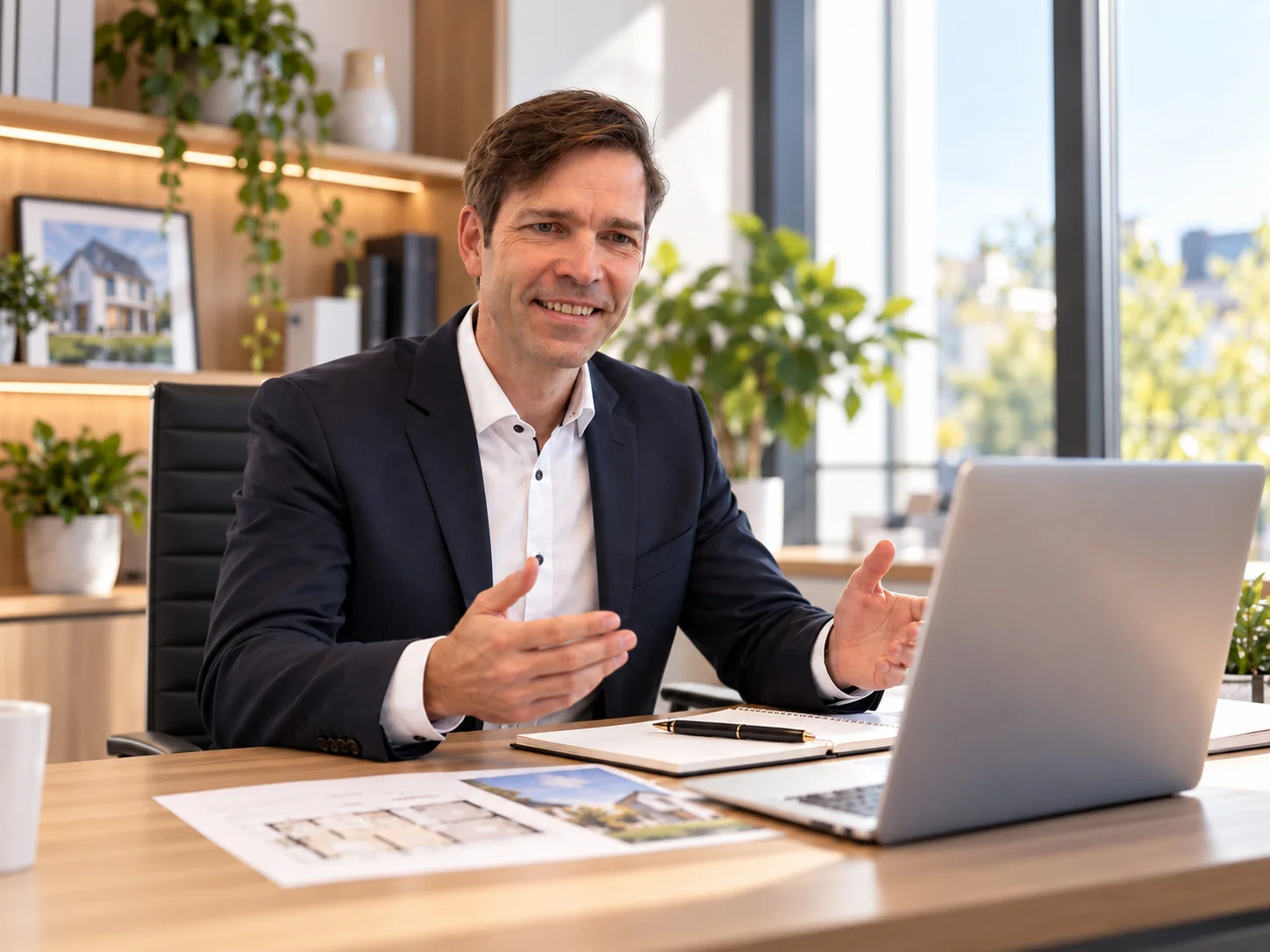 Jens Laskowski bei einer persönlichen Baufinanzierungsberatung am Schreibtisch